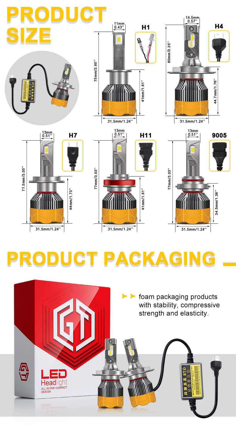 New Quality Coche Bombillas al por mayor JG-GT8 Tamaño