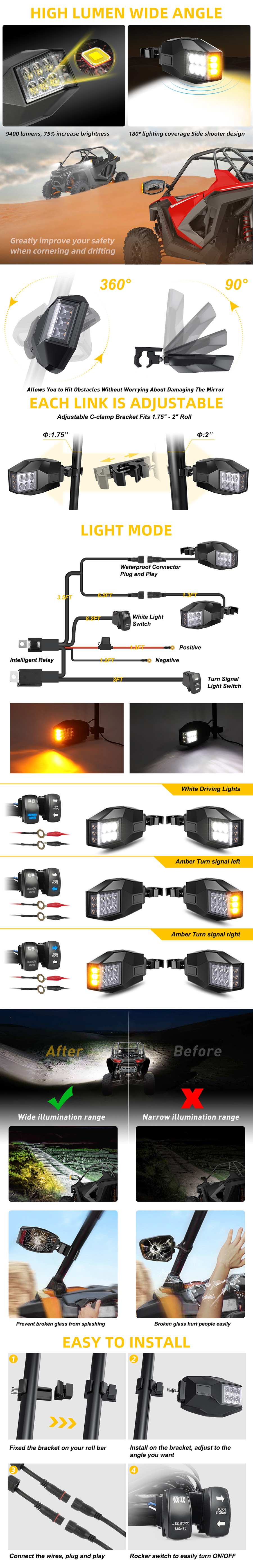 Espejos laterales de UTV con especificaciones de luces LED