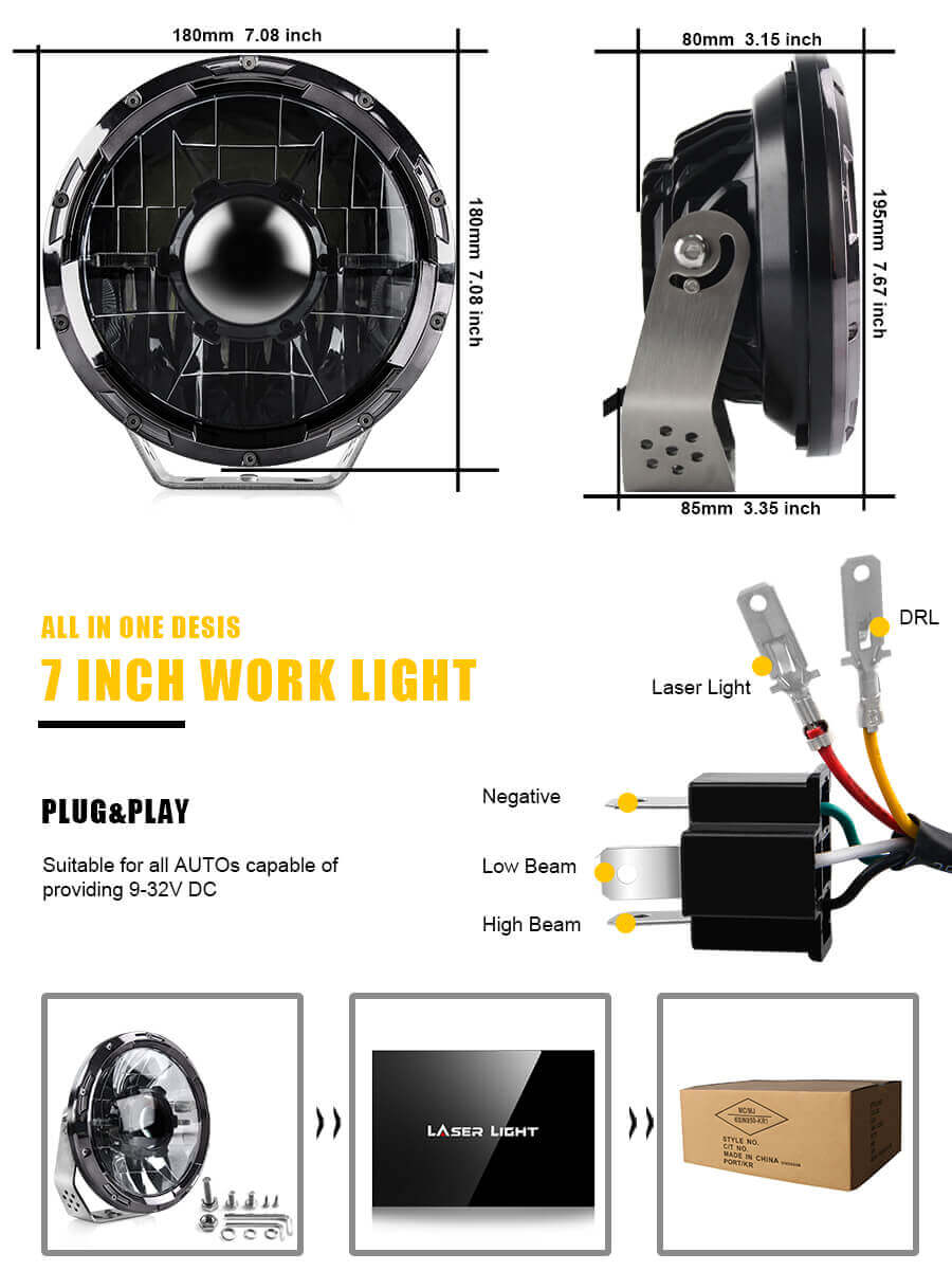 Luz combinada de trabajo redondo de l&aacute;ser de 7 pulgadas para SUV Off Road ATV JG-LJ001 Tama&ntilde;o