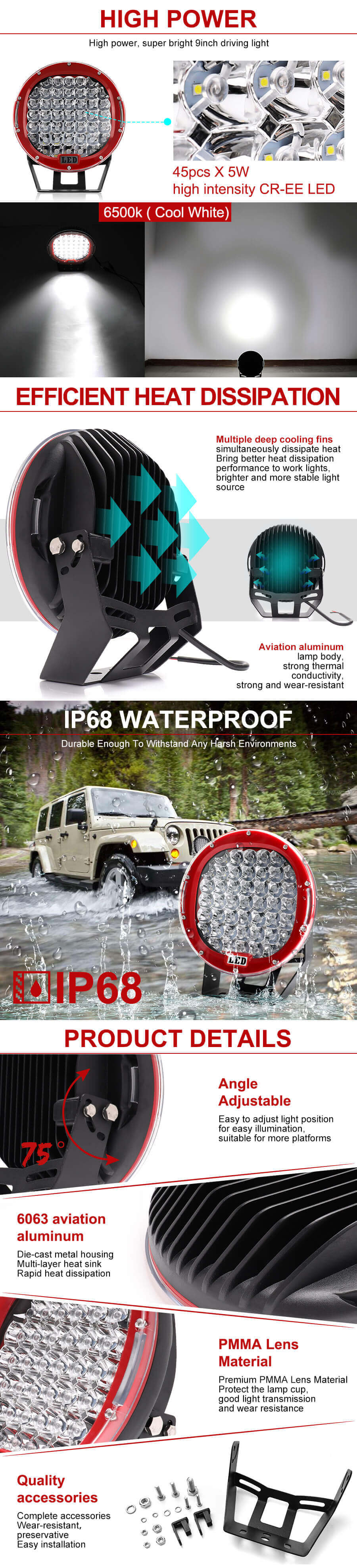 Luz de conducci&oacute;n LED de 9 pulgadas 225W JG-903 Ventajas