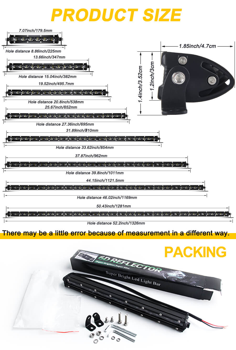 6D Super Slim Single Fila 8-50 pulgadas Barra de luz LED -JG 9610Z Tama&ntilde;o (1)