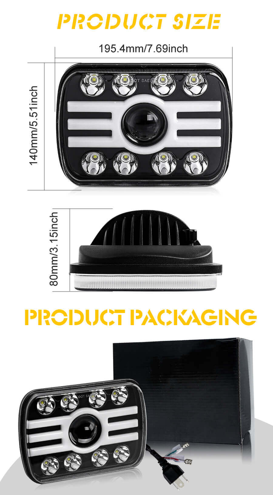 Ojos de &aacute;ngulo de color dual de 7x6 LED faros JG-T002 Tama&ntilde;o