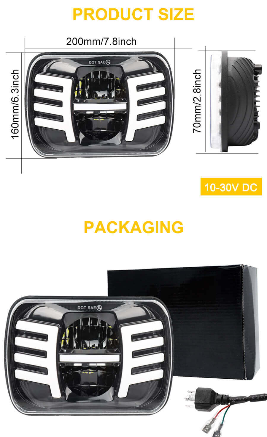 7x6 linternas LED con luces de posici&oacute;n de alas JG-T002FF Tama&ntilde;o