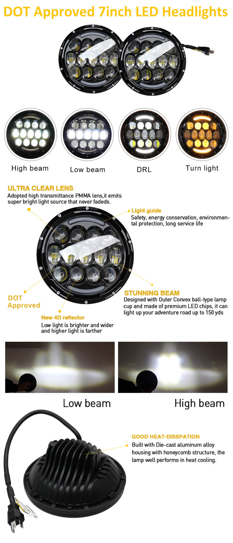F&aacute;brica de faros LED redondos de 7 pulgadas directamente J005A Ventajas