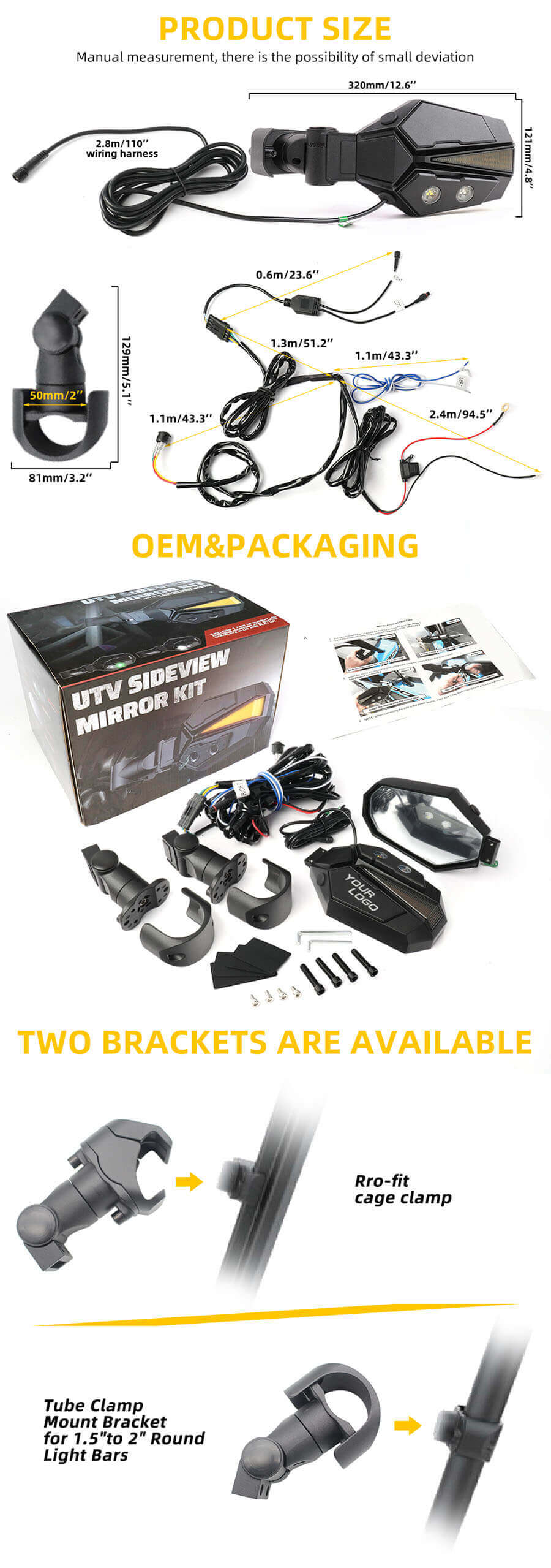 Espejo lateral de aluminio ATVUTV con luces JZD-01-GWY Tama&ntilde;o