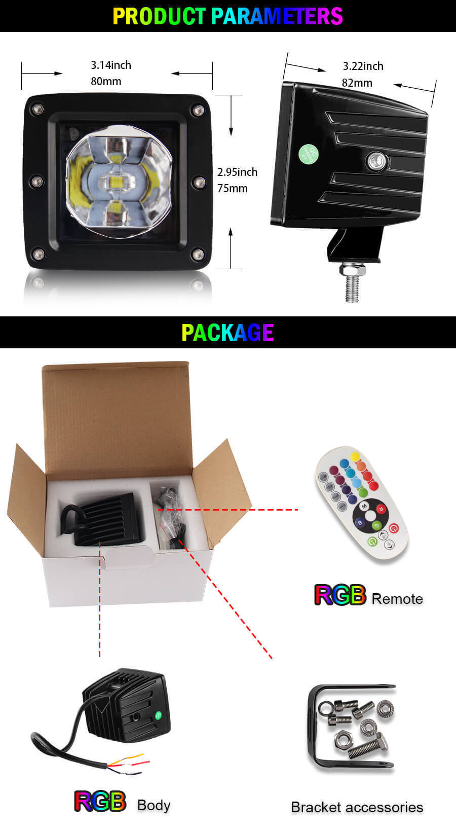 3 pulgadas RGB LED LED para veh&iacute;culos todoterreno JG-995R Tama&ntilde;o