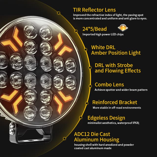 Foco para camión de 9 pulgadas y 260 W con luz de posición estroboscópica ámbar blanca