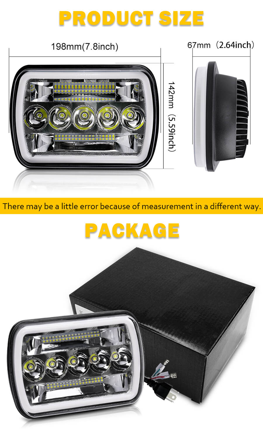 7x6 ojos &aacute;ngeles DRL LED Faro cuadrado para cami&oacute;n JG-1003-HP Tama&ntilde;o