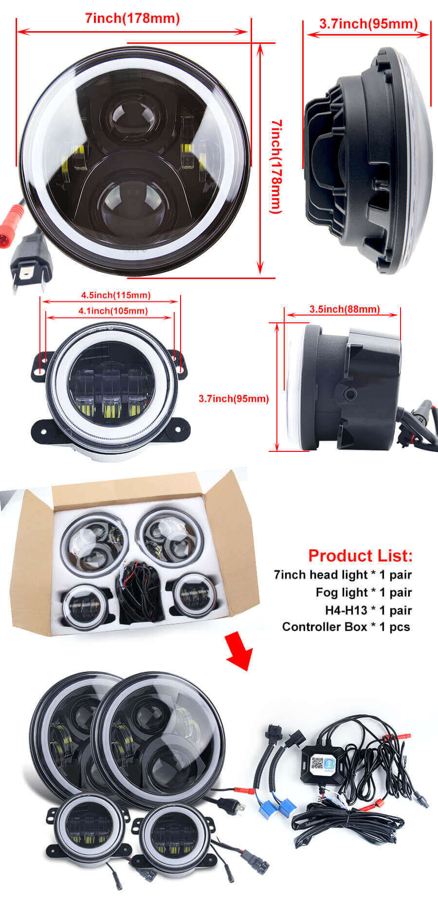 RGB Halo Anillo Wrangler Faro y Kit de luz de niebla JG-JT02 Tama&ntilde;o