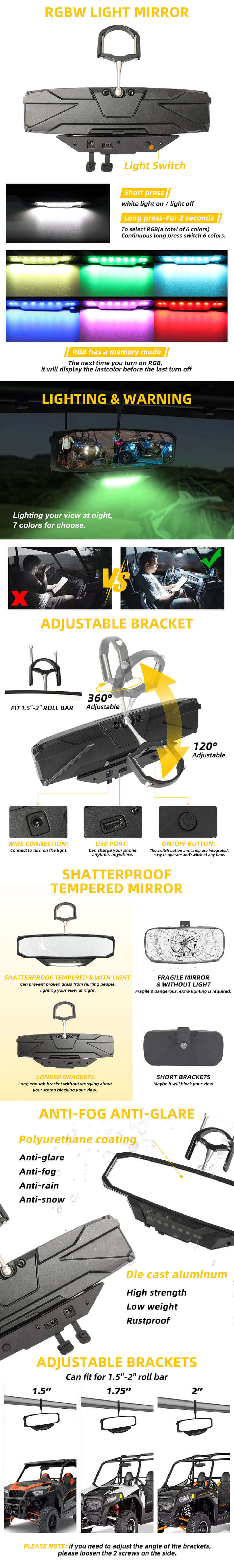 RGB UTV Center Retrow View Mirror JG-JZD-12L VENTAJES