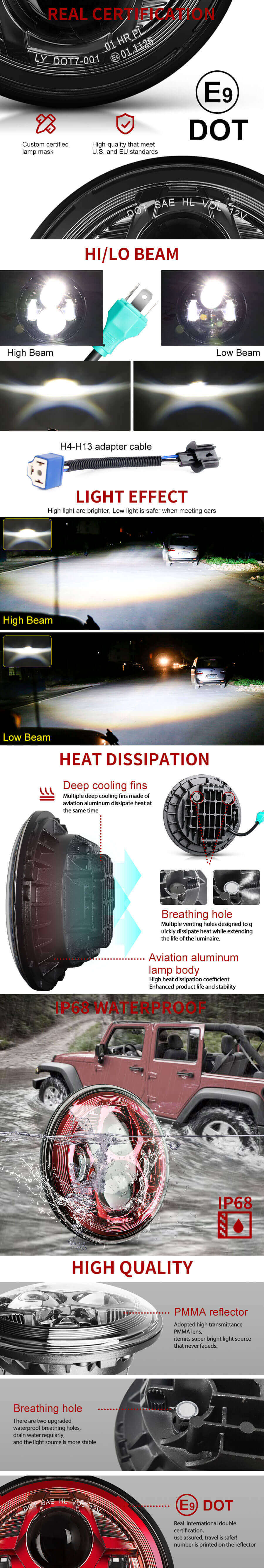 Dot eMark Spider 7 pulgadas Suministro de faro JG-J003DE Ventajas