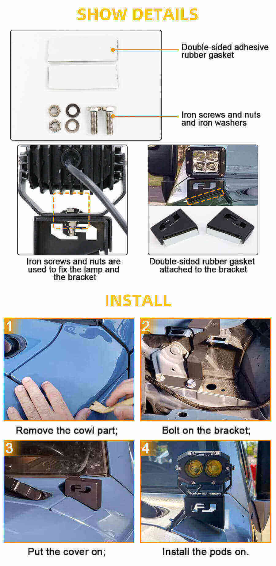 Toyota FJ Cruiser 2007-2016 Sopotaciones de luces de zanja de capucha JG-FT-007