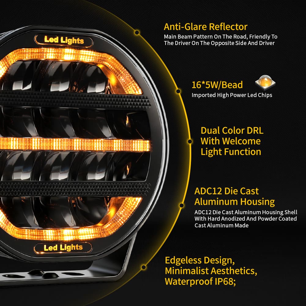 Luz de conducción de 7 pulgadas con luz de posición dinámica blanca y ámbar-901V-CG-16