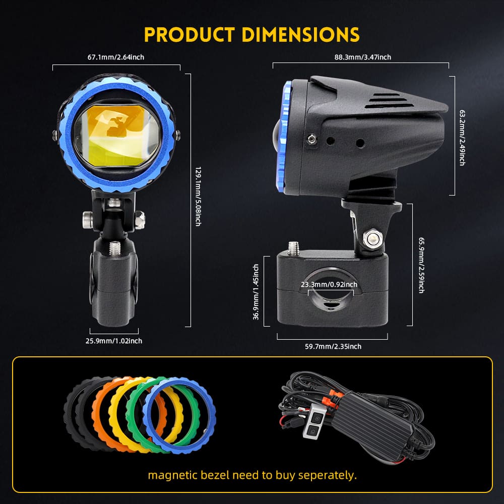 Luz auxiliar LED de motocicleta de doble color con marcos magnéticos