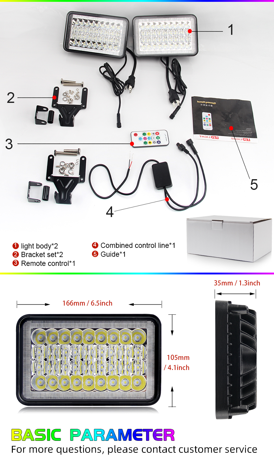 RGB 4x6 Led Headlight Wholesale JG-1002R size