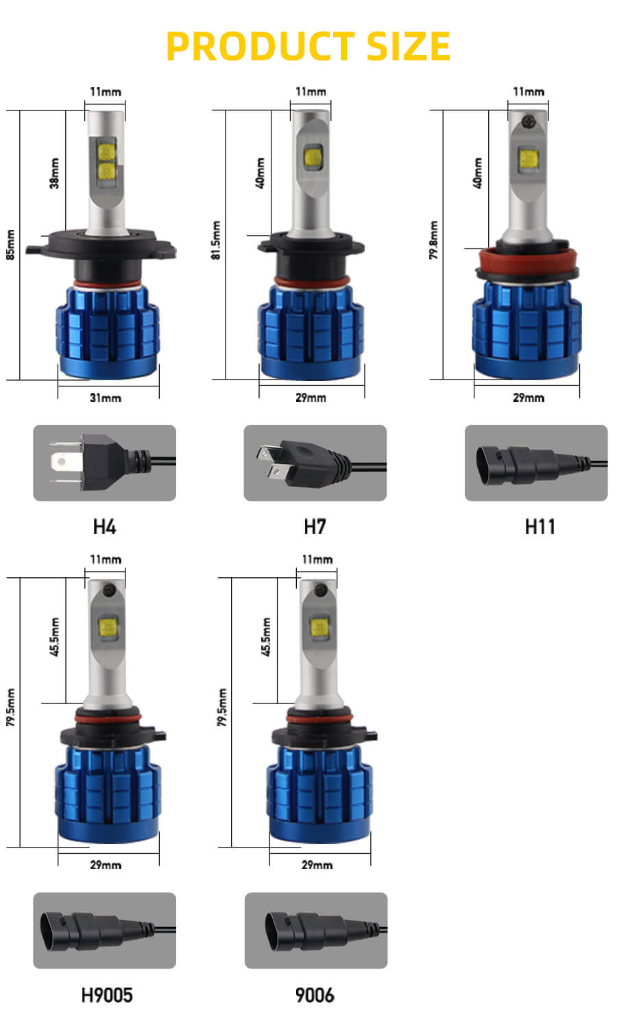 Bombillas de alta potencia para faro sin ventilador de autom&oacute;viles JG-Q10 Tama&ntilde;o (1)