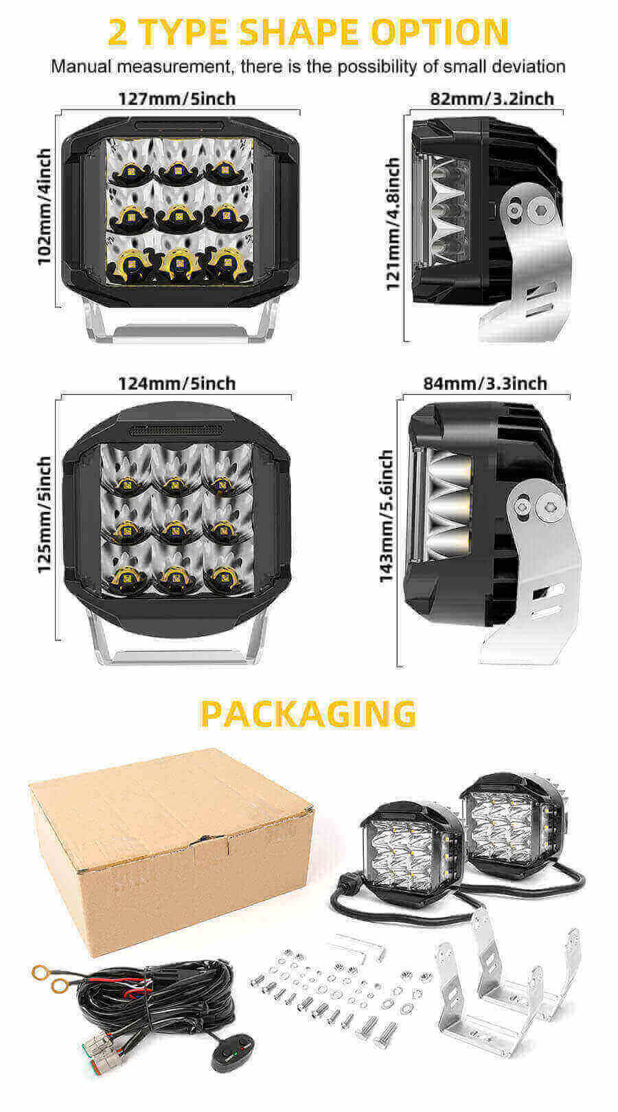 Spotlight de tirador lateral de 5 pulgadas JG-F996-5 Paquete y tama&ntilde;os