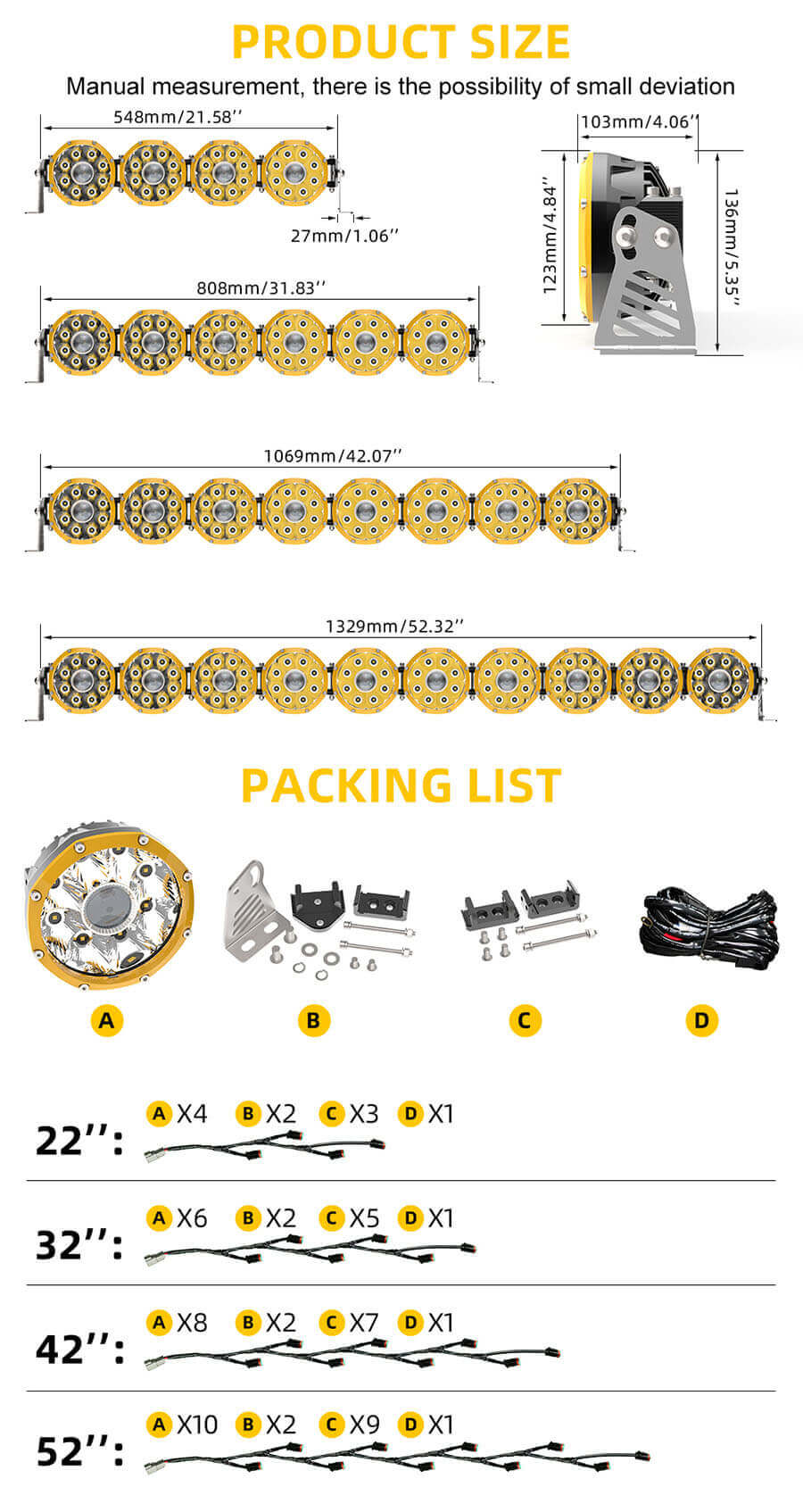 Barra de luz superior Jeep (Spotlight de techo) JG-96-LB050 Tama&ntilde;o