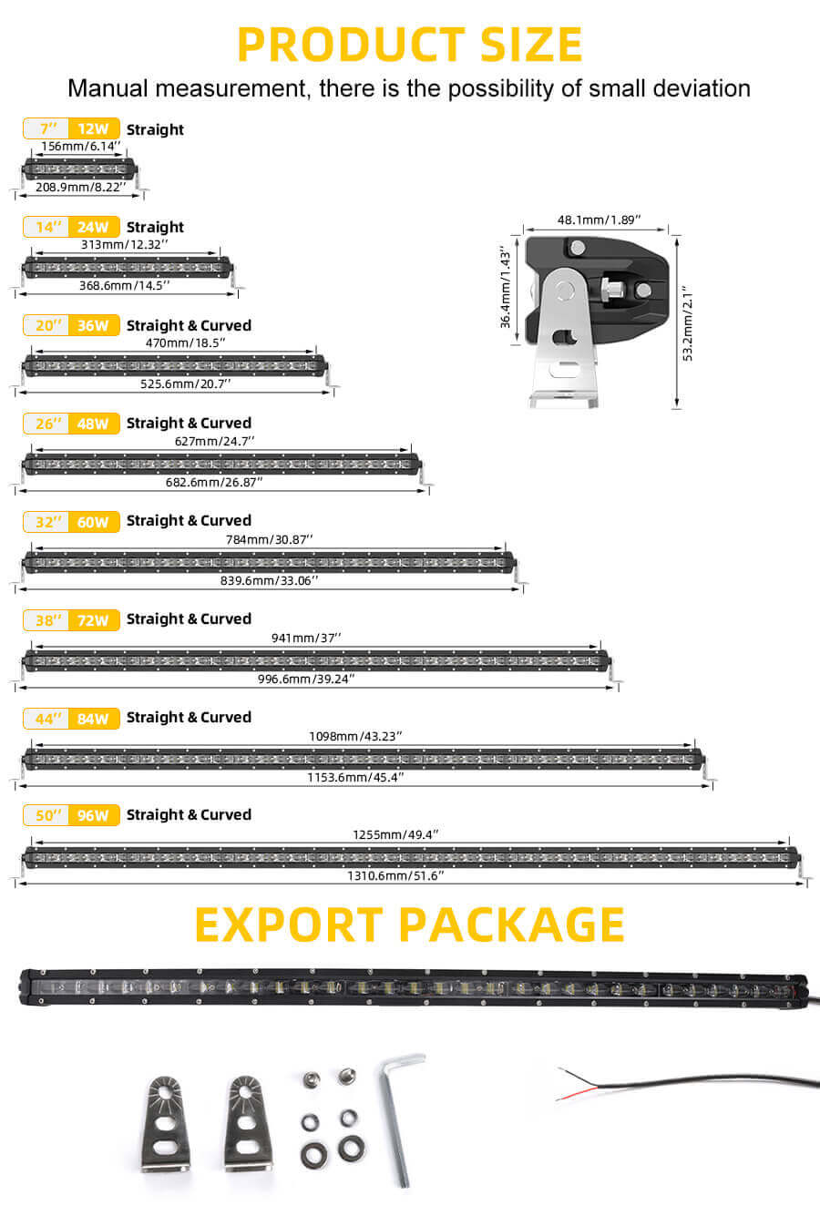 Barra de luz del proyector curvado delgado al por mayor 9610G-TJ Tama&ntilde;o