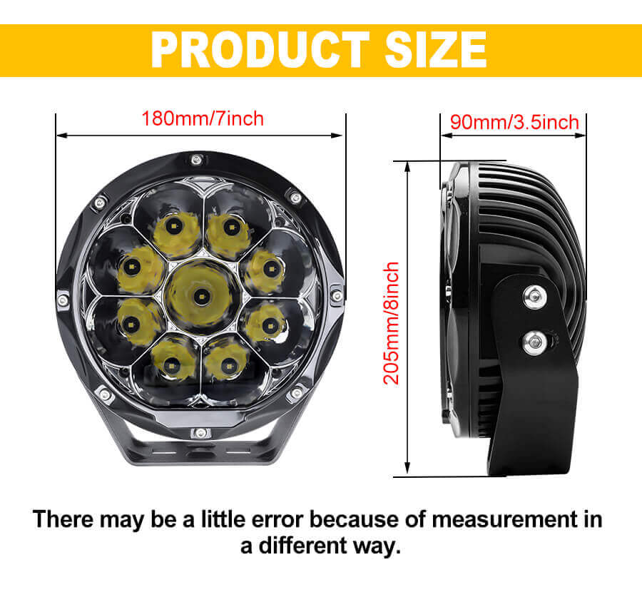 Luces de conducci&oacute;n LED superpotencia de 7 pulgadas JG-D070 Tama&ntilde;o