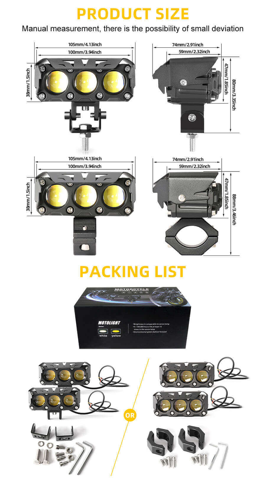3 luces de conducci&oacute;n auxiliares de lente de proyector hilow jg-993-3hp tama&ntilde;o