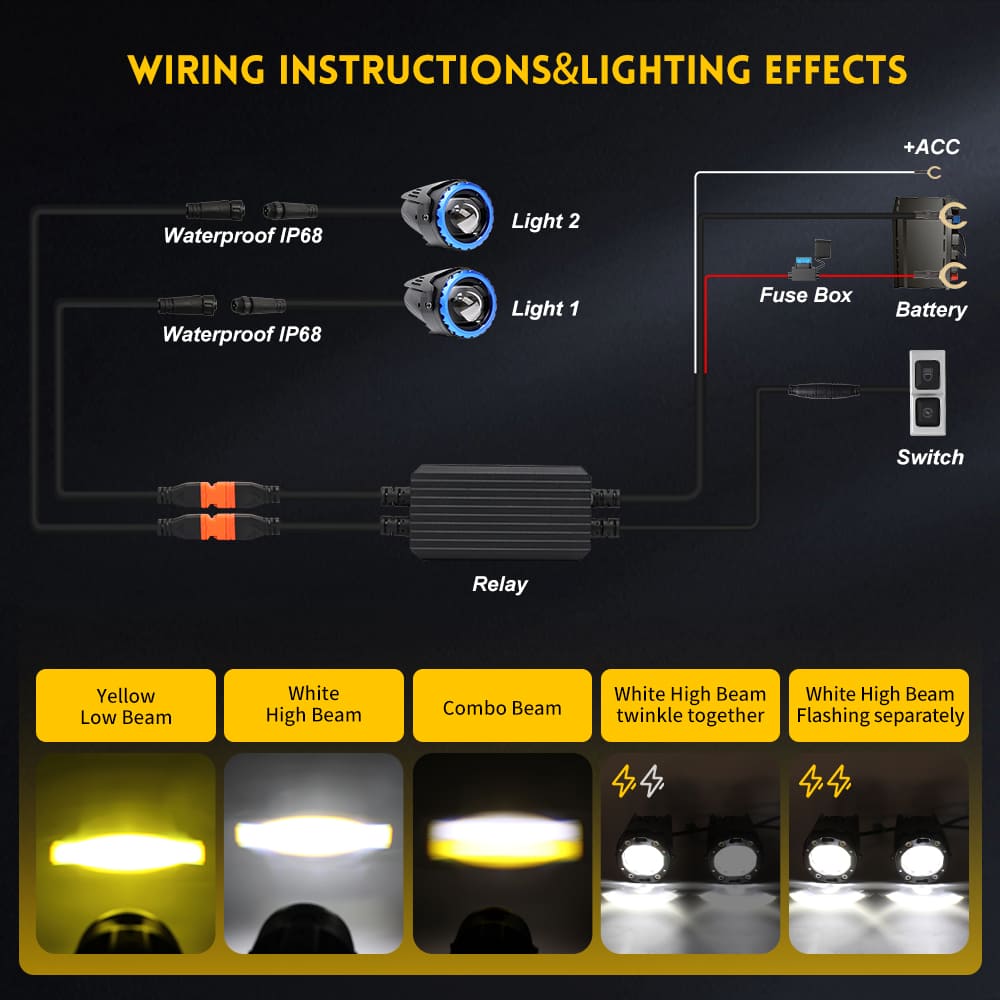 Luz auxiliar LED de motocicleta de doble color con marcos magnéticos