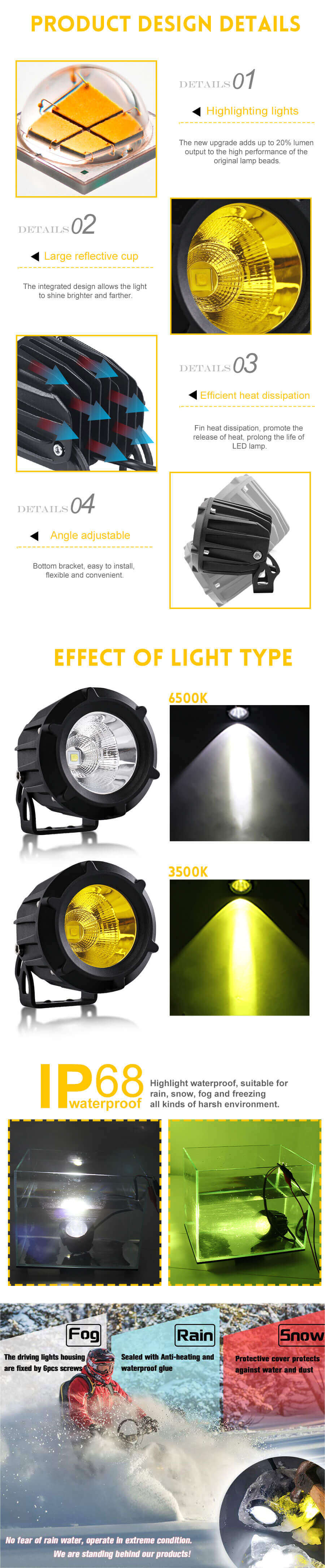 Luces de conducci&oacute;n LED peque&ntilde;as de doble color para veh&iacute;culos JG-992M Ventajas