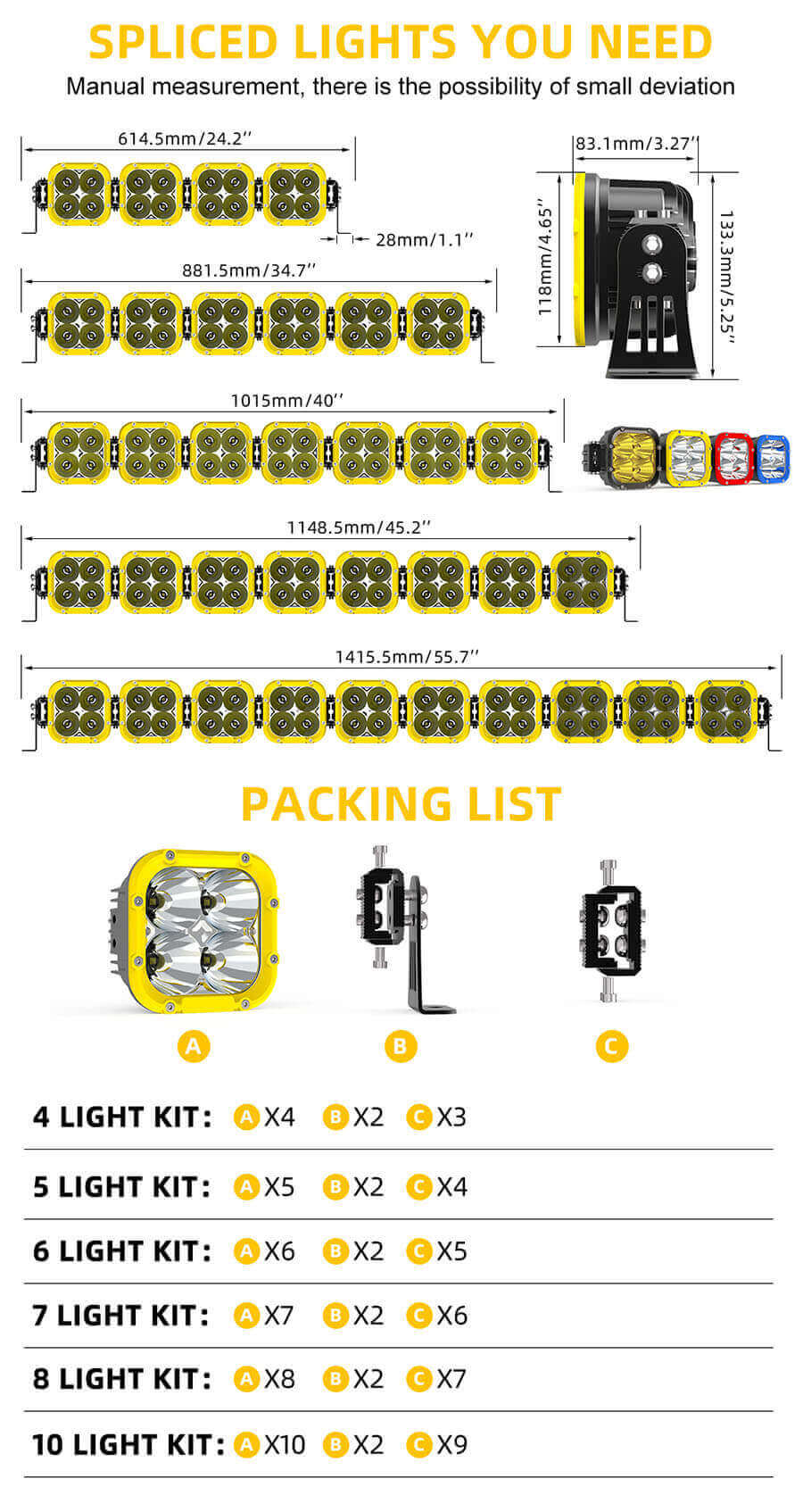 Sistema de barra de luz montada en el techo de autom&oacute;vil con focos cuadrados 96-954Z tama&ntilde;o