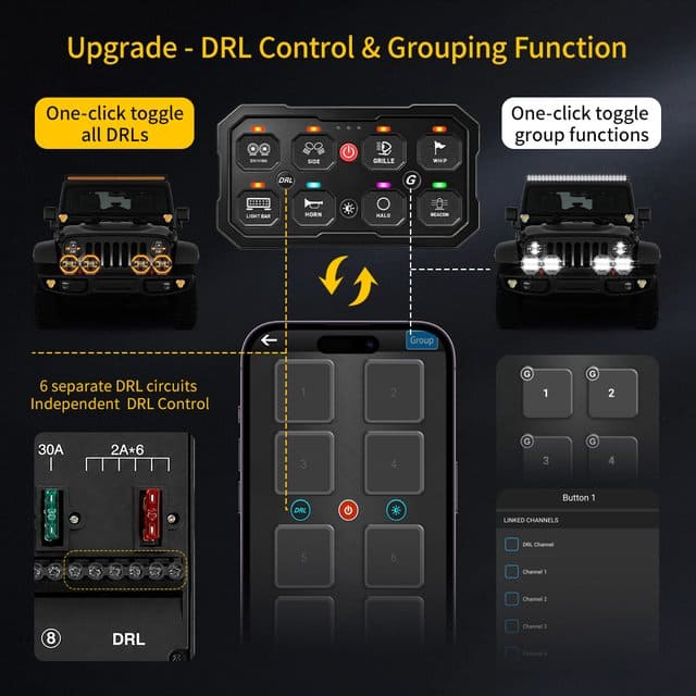 Panel de interruptores RGB de 6 unidades 120 A con control de aplicación